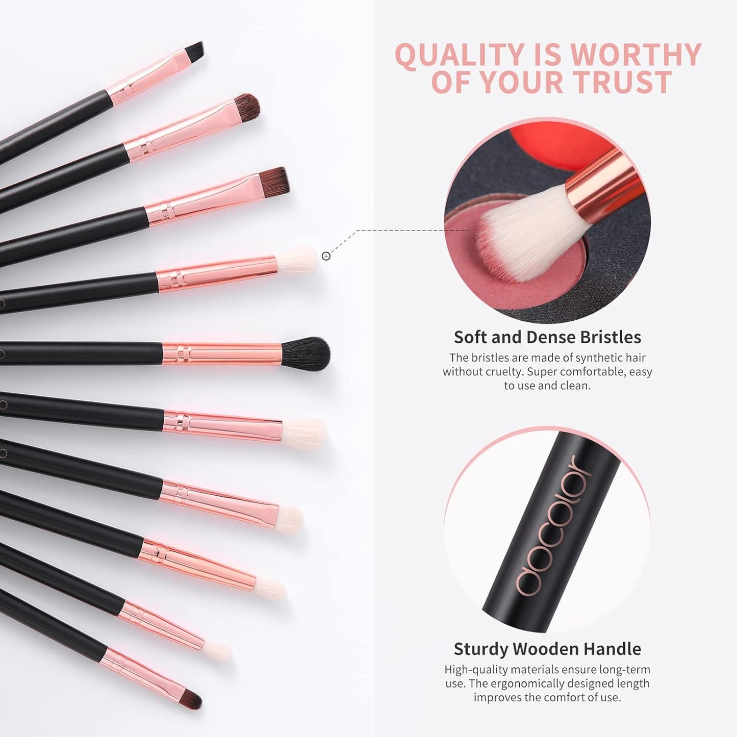 Docolor Eyeshadow Brushes, 10Pcs Eyebrow Brush Eyeliner Concealer Brush Eye Makeup Brushes Set Professiona Make up Brush Kit with Gift Box (Black with Rose Gold,Wooden Handles)