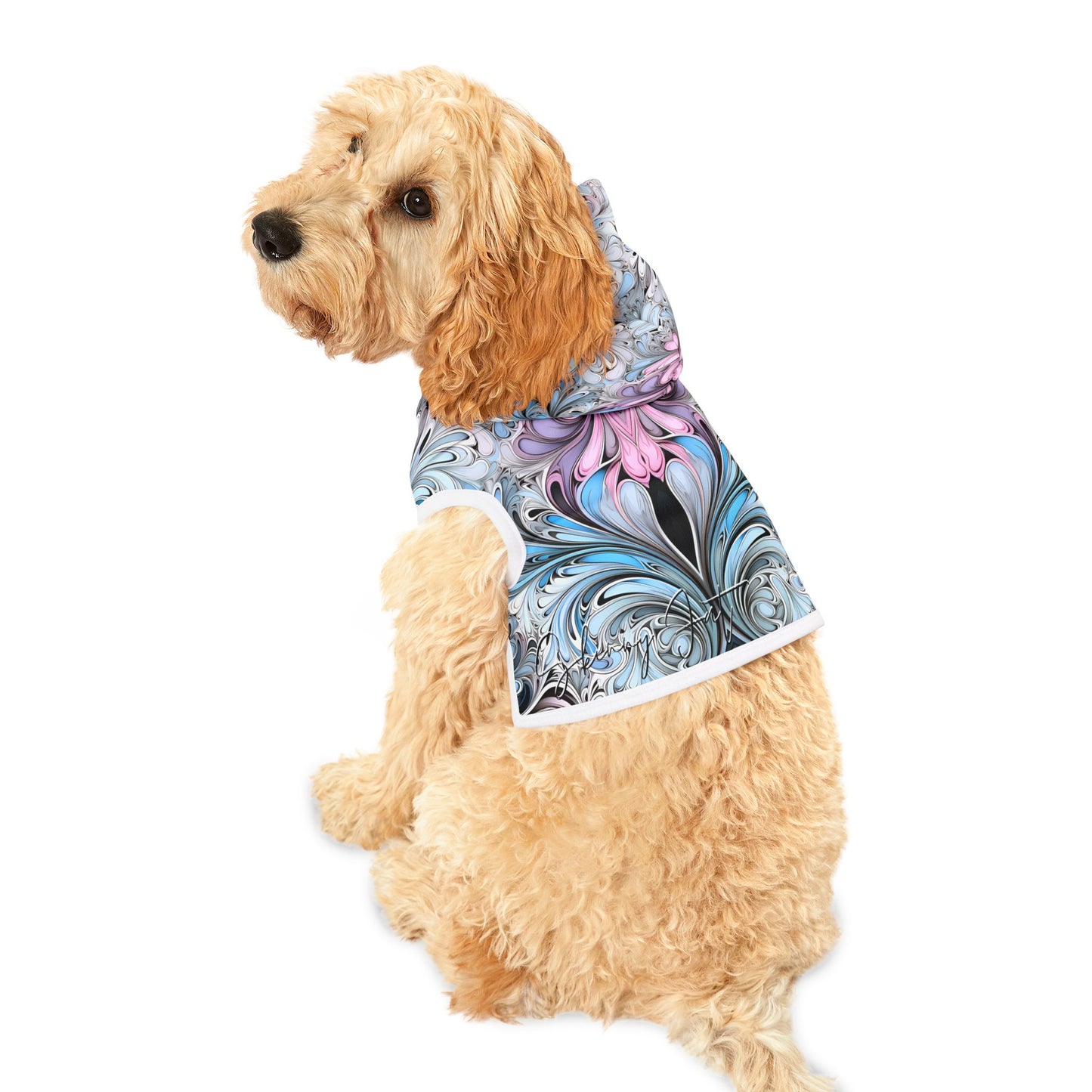 Pet hoodies printed with Ai graphics, polyester made light weight, cozy breathable pet apparel, stylish pet clothing, small pet grooming