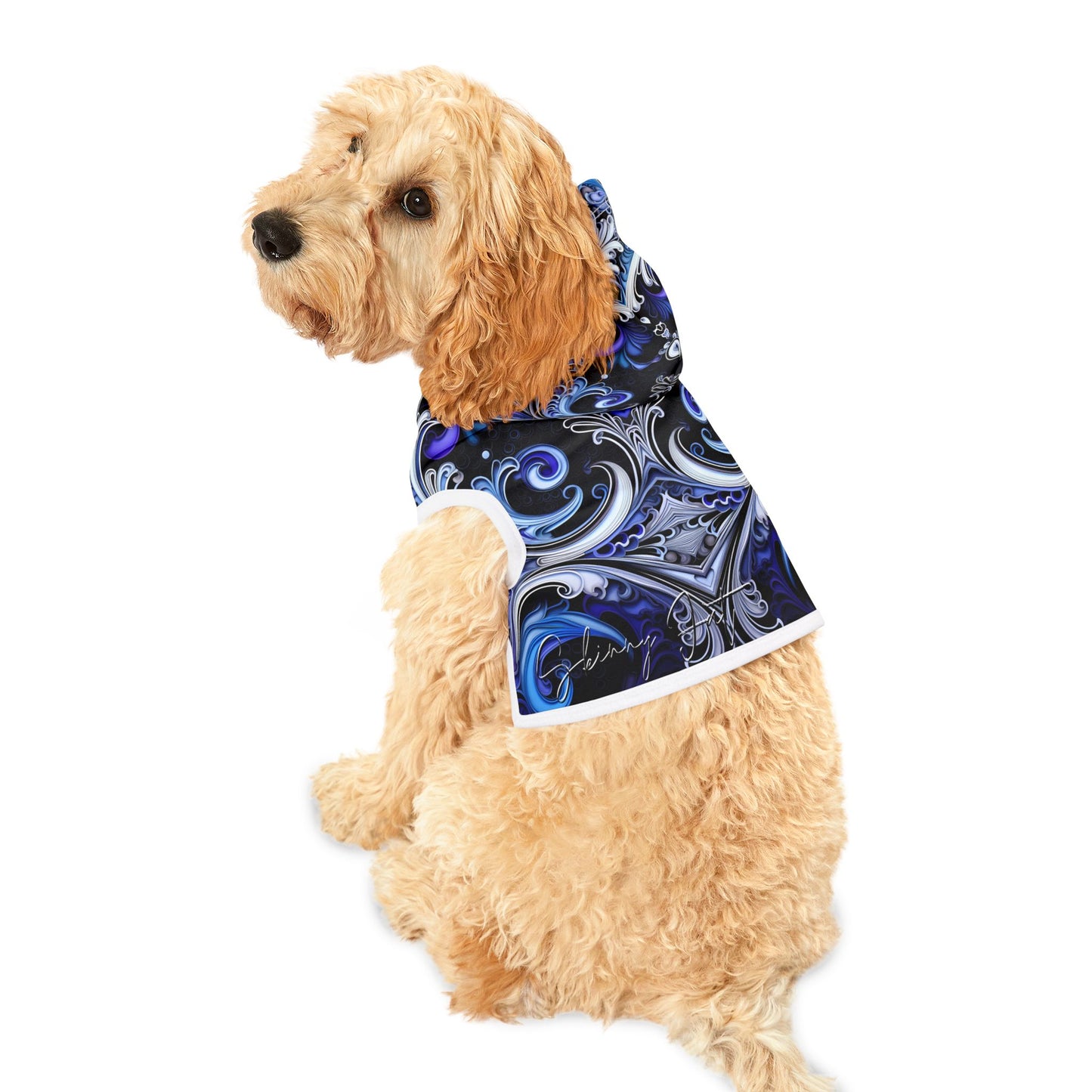 Pet hoodies printed with Ai graphics, polyester made light weight, cozy breathable pet apparel, stylish pet clothing, small pet grooming