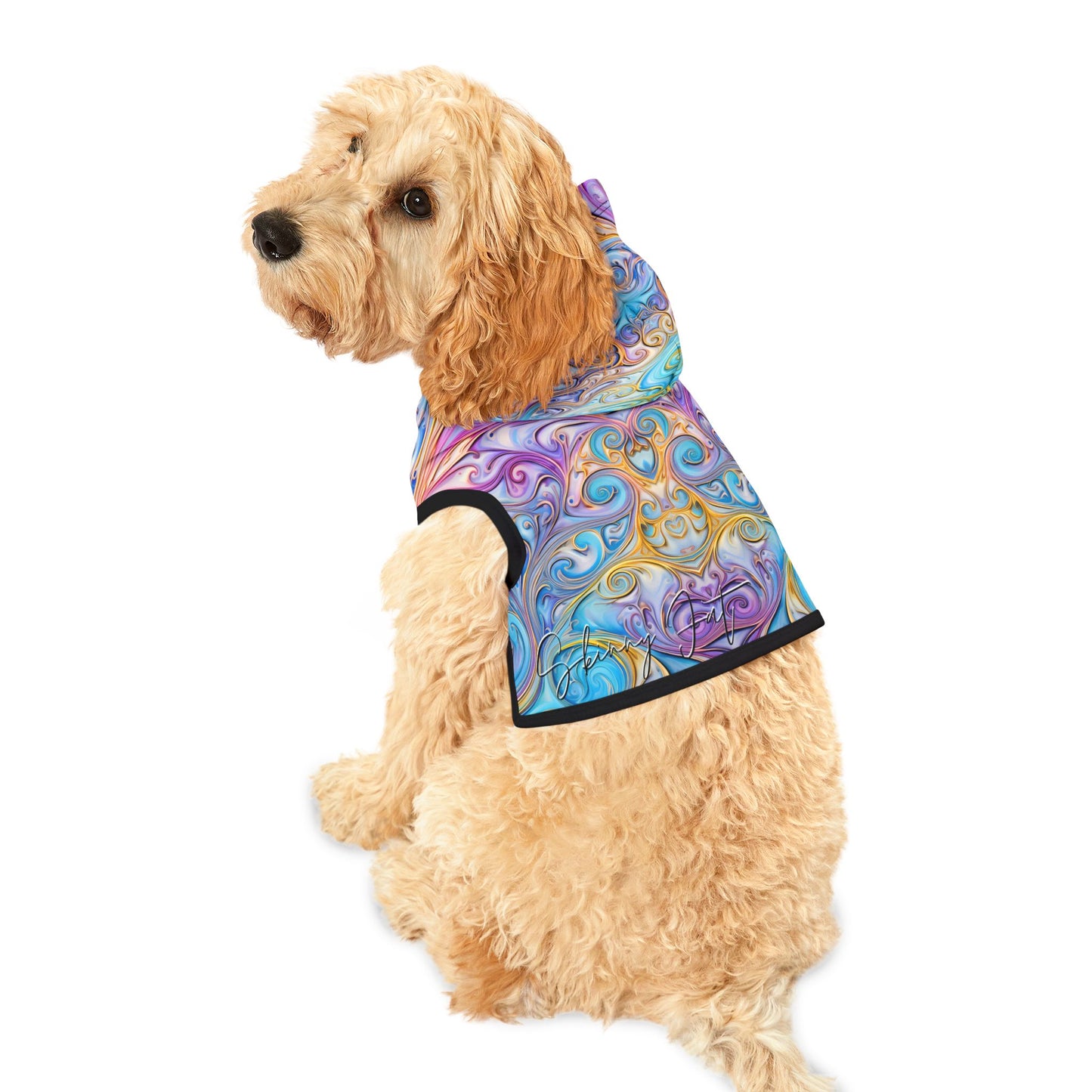 Pet hoodies printed with Ai graphics, polyester made light weight, cozy breathable pet apparel, stylish pet clothing, small pet grooming