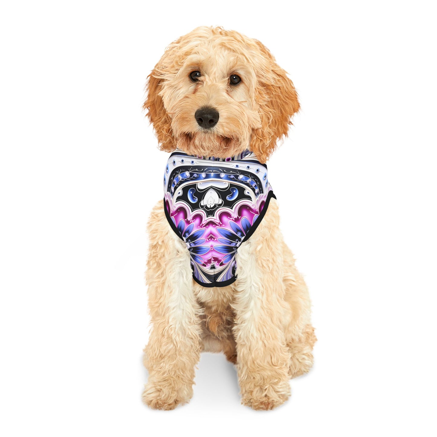 Pet hoodies printed with Ai graphics, polyester made light weight, cozy breathable pet apparel, stylish pet clothing, small pet grooming