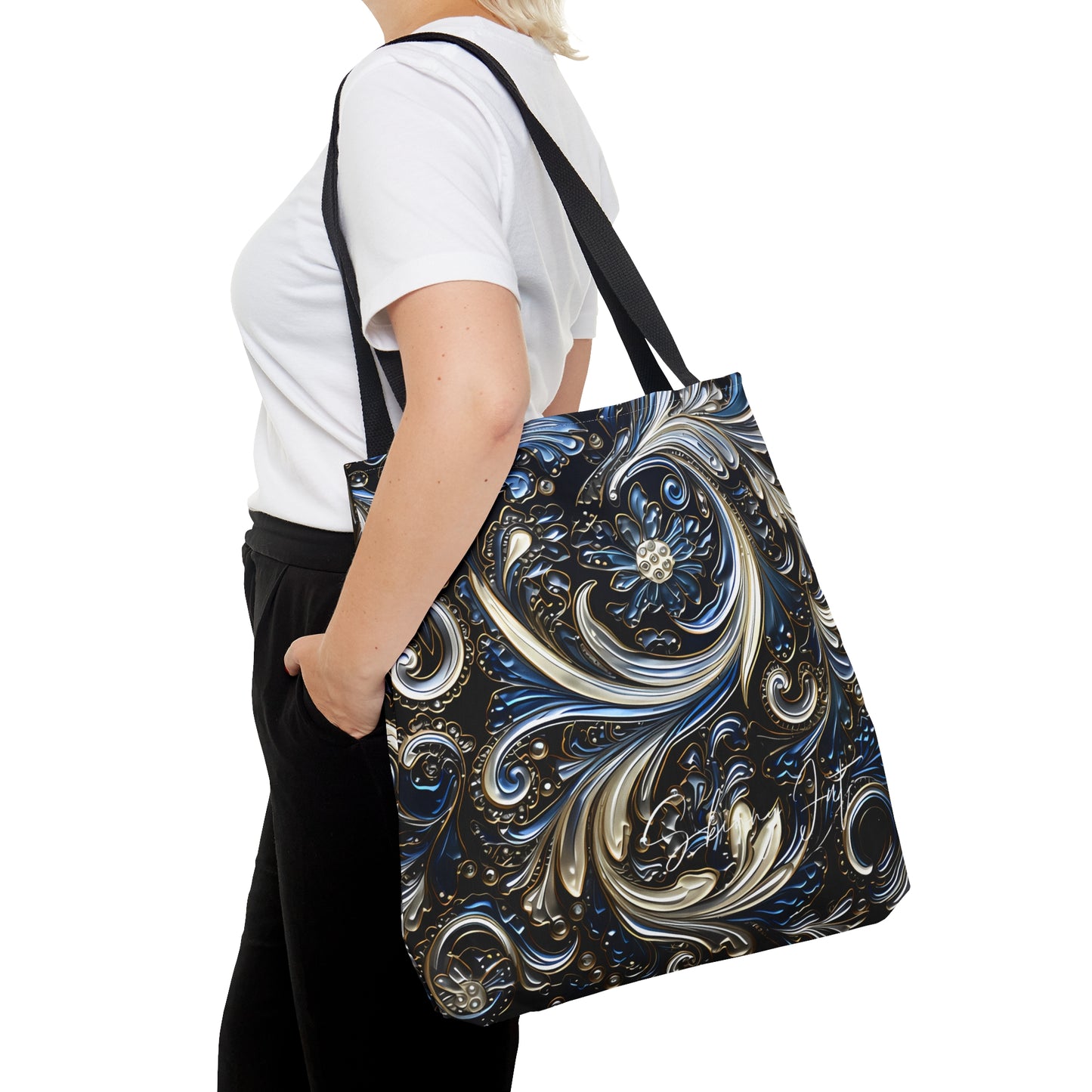 Artistic tote bag blue silver regal paisley inspired Watercolour design abstract art tote bag creative fashion gift for teen artist fashion