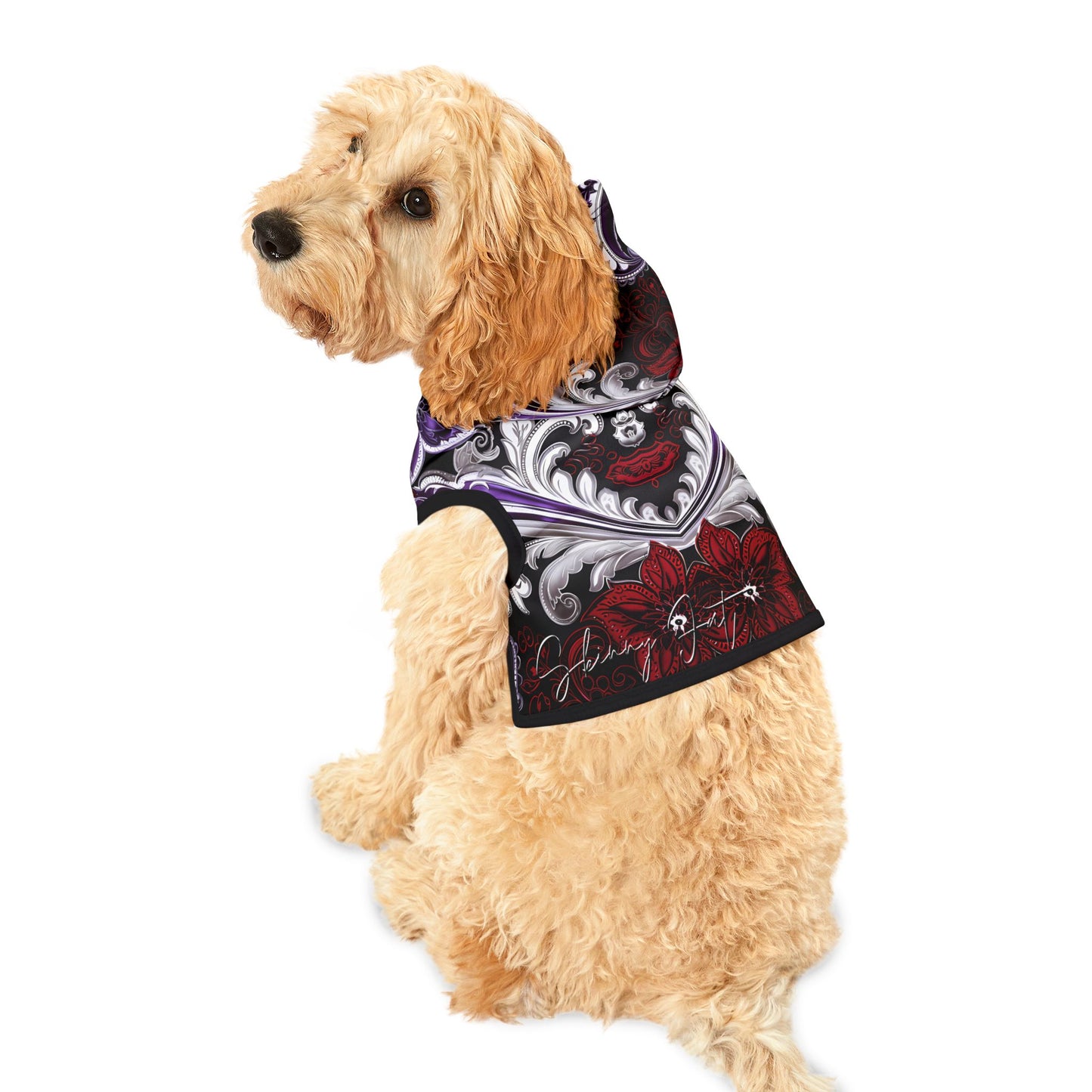 Pet hoodies printed with Ai graphics, polyester made light weight, cozy breathable pet apparel, stylish pet clothing, small pet grooming