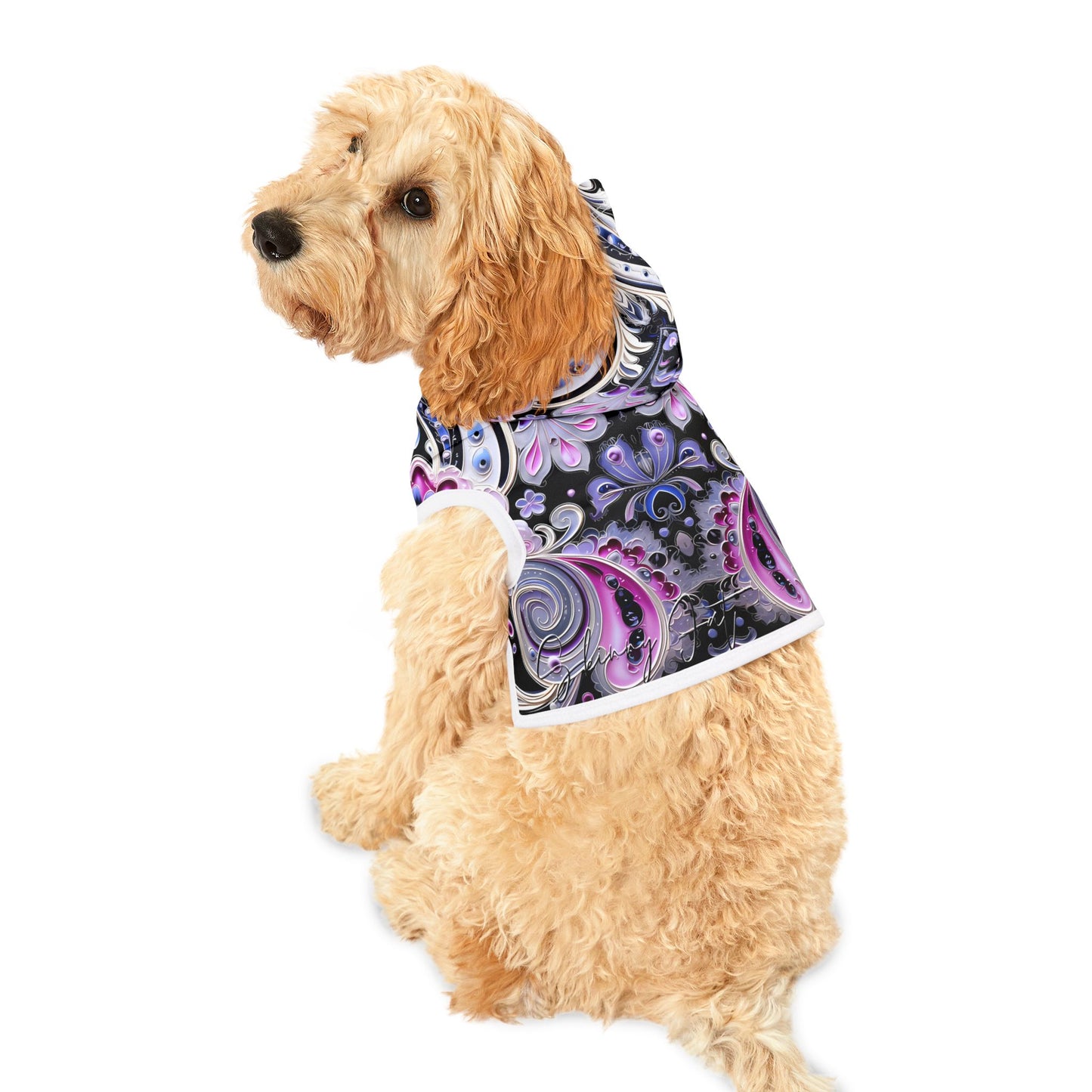 Pet hoodies printed with Ai graphics, polyester made light weight, cozy breathable pet apparel, stylish pet clothing, small pet grooming