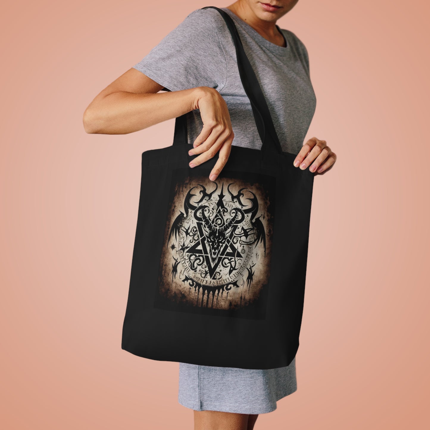 tote bag with gothic, dark art, macabre, satan, skinny fat, horror, skulls, death, mysterious, dark fashion, black clothing