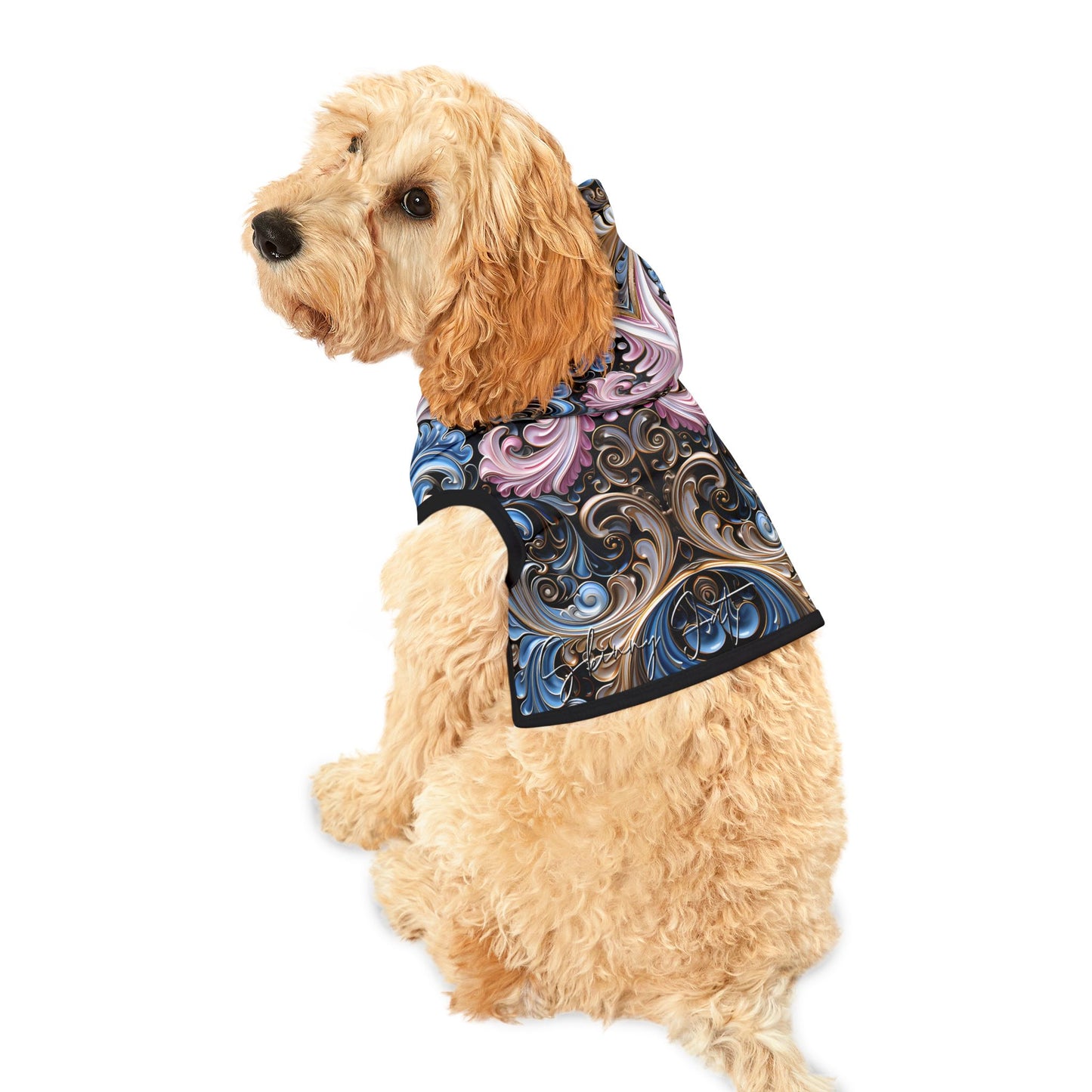 Pet hoodies printed with Ai graphics, polyester made light weight, cozy breathable pet apparel, stylish pet clothing, small pet grooming