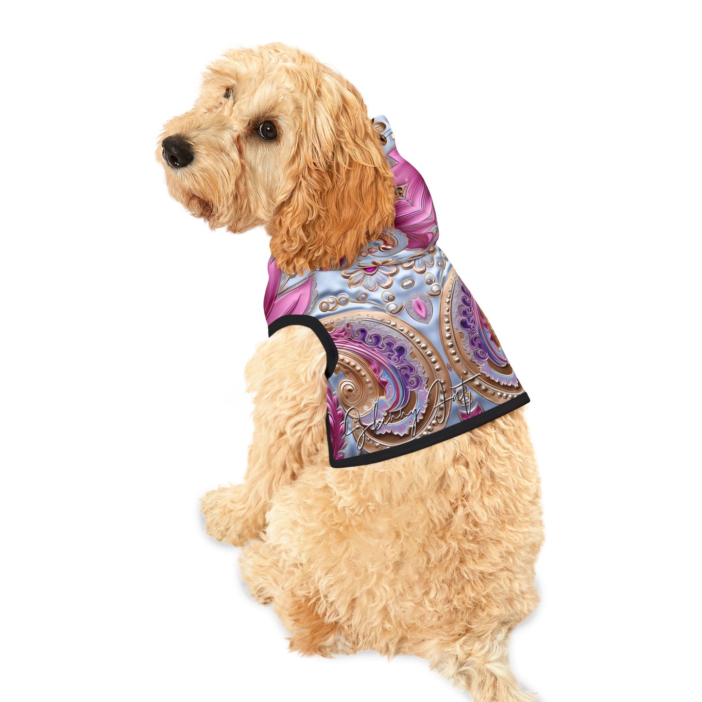 Pet hoodies printed with Ai graphics, polyester made light weight, cozy breathable pet apparel, stylish pet clothing, small pet grooming