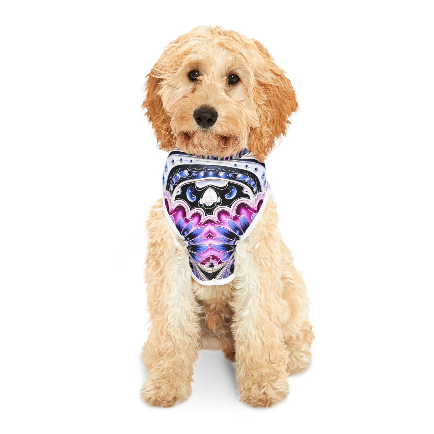 Pet hoodies printed with Ai graphics, polyester made light weight, cozy breathable pet apparel, stylish pet clothing, small pet grooming