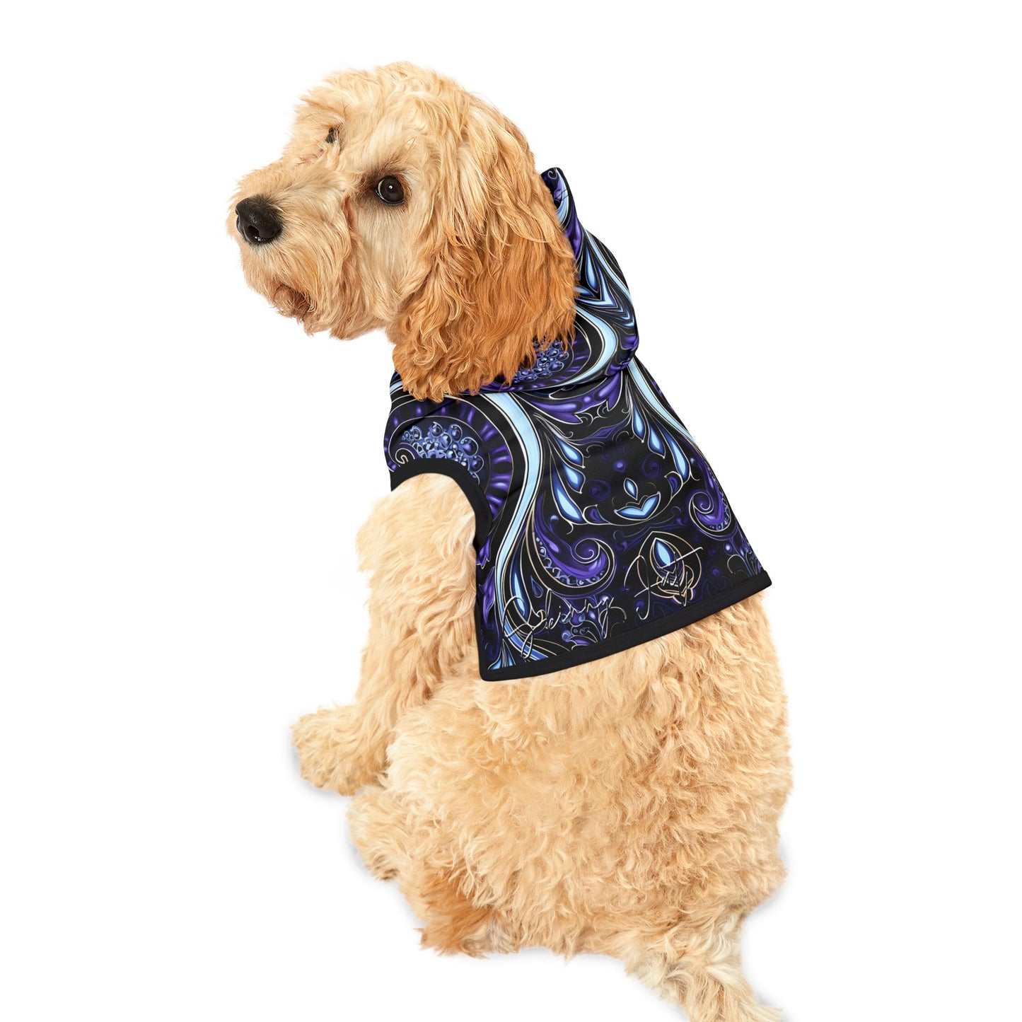 Pet hoodies printed with Ai graphics, polyester made light weight, cozy breathable pet apparel, stylish pet clothing, small pet grooming