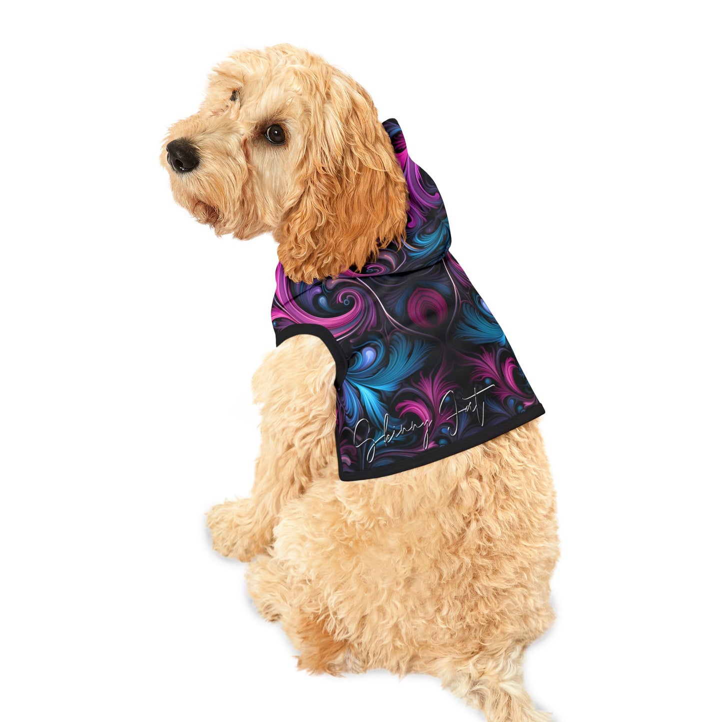 Pet hoodies printed with Ai graphics, polyester made light weight, cozy breathable pet apparel, stylish pet clothing, small pet grooming