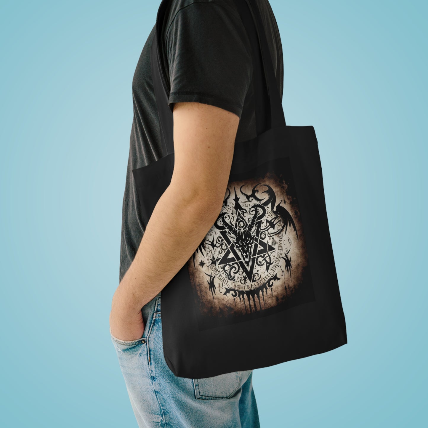 tote bag with gothic, dark art, macabre, satan, skinny fat, horror, skulls, death, mysterious, dark fashion, black clothing