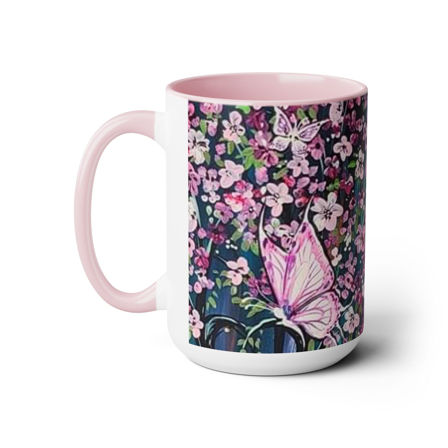 Two-Tone Coffee Mugs, 15oz, pink butterfly, skinny fat