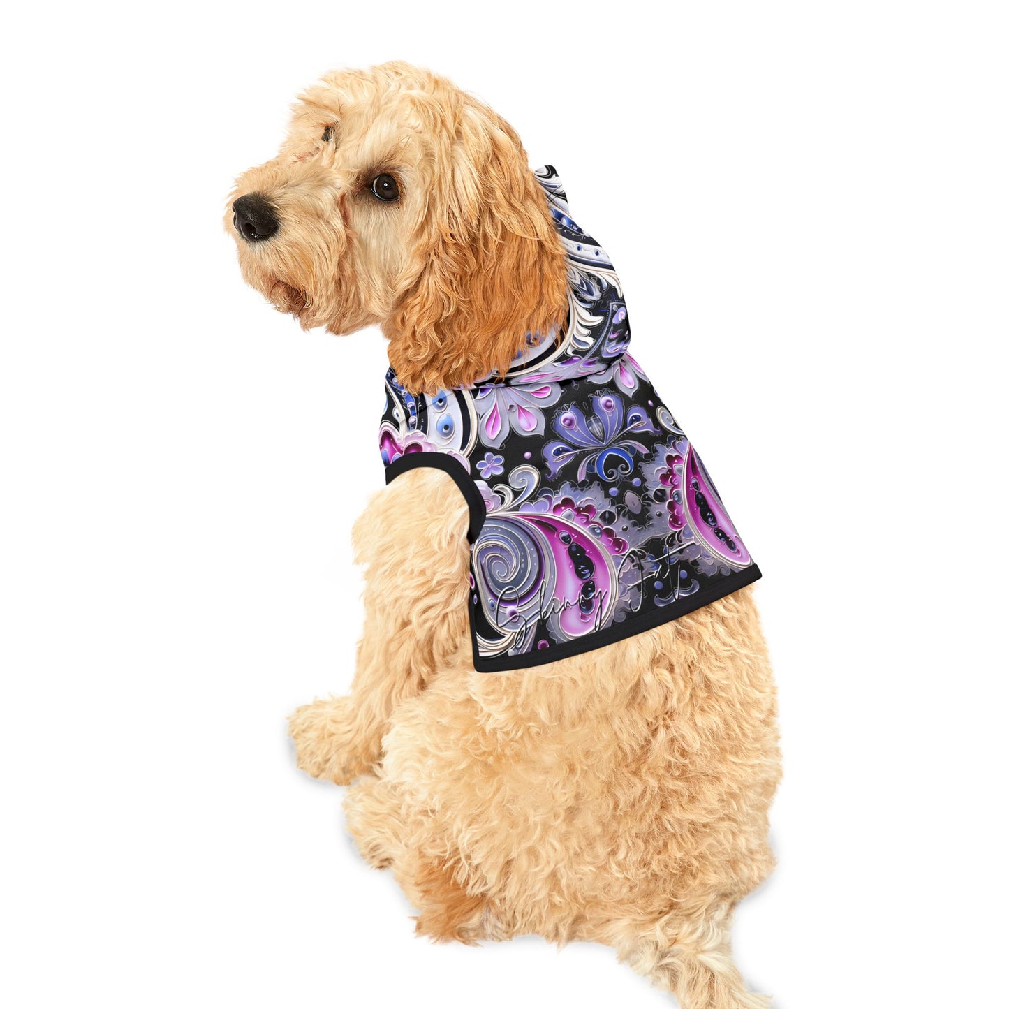 Pet hoodies printed with Ai graphics, polyester made light weight, cozy breathable pet apparel, stylish pet clothing, small pet grooming