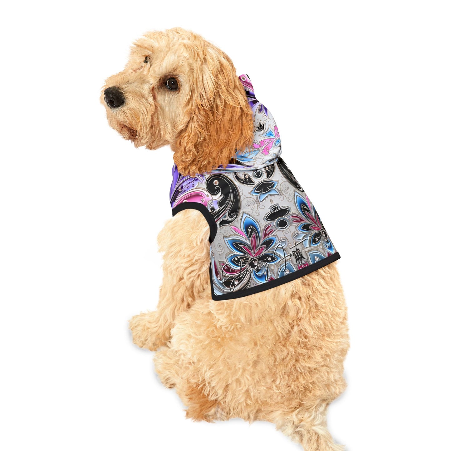 Pet hoodies printed with Ai graphics, polyester made light weight, cozy breathable pet apparel, stylish pet clothing, small pet grooming