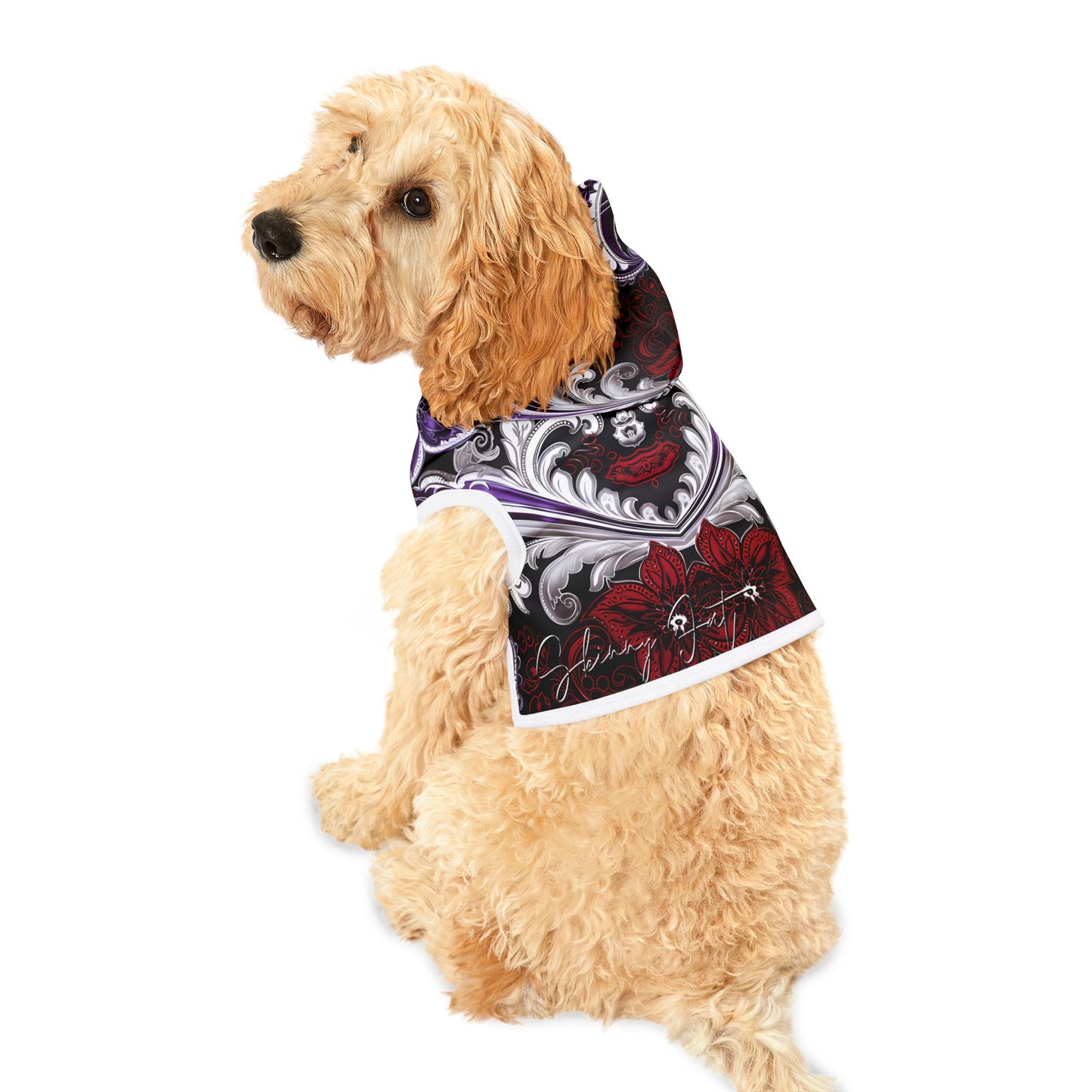 Pet hoodies printed with Ai graphics, polyester made light weight, cozy breathable pet apparel, stylish pet clothing, small pet grooming