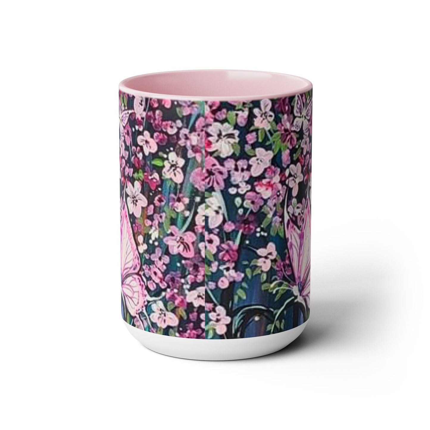 Two-Tone Coffee Mugs, 15oz, pink butterfly, skinny fat