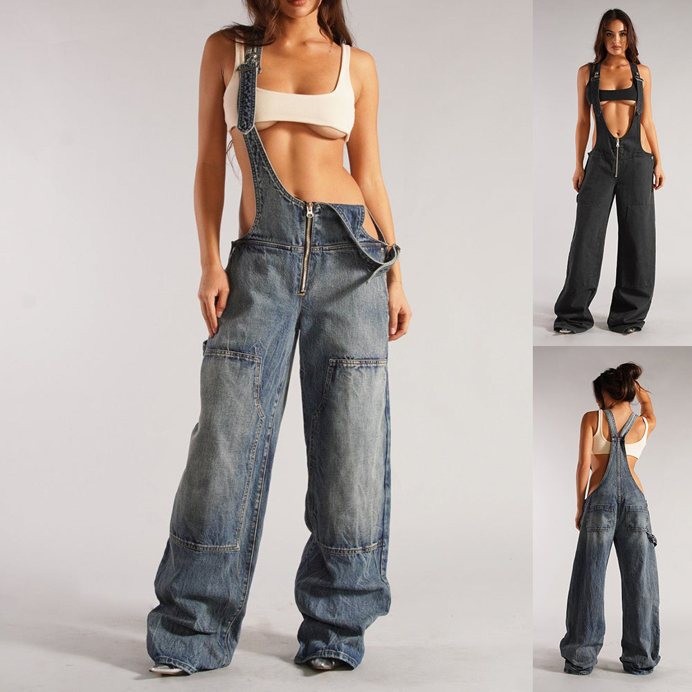 Y2K Zipper Denim Overalls with Pockets Fashion Loose Suspender Jumpsuit Streetwear Jeans Pants Womens Clothing