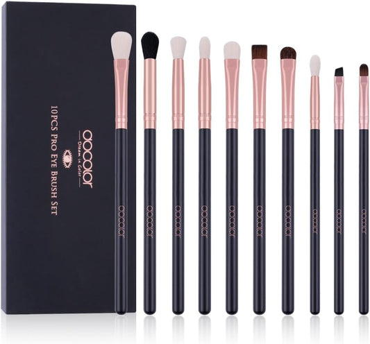 Docolor Eyeshadow Brushes, 10Pcs Eyebrow Brush Eyeliner Concealer Brush Eye Makeup Brushes Set Professiona Make up Brush Kit with Gift Box (Black with Rose Gold,Wooden Handles)