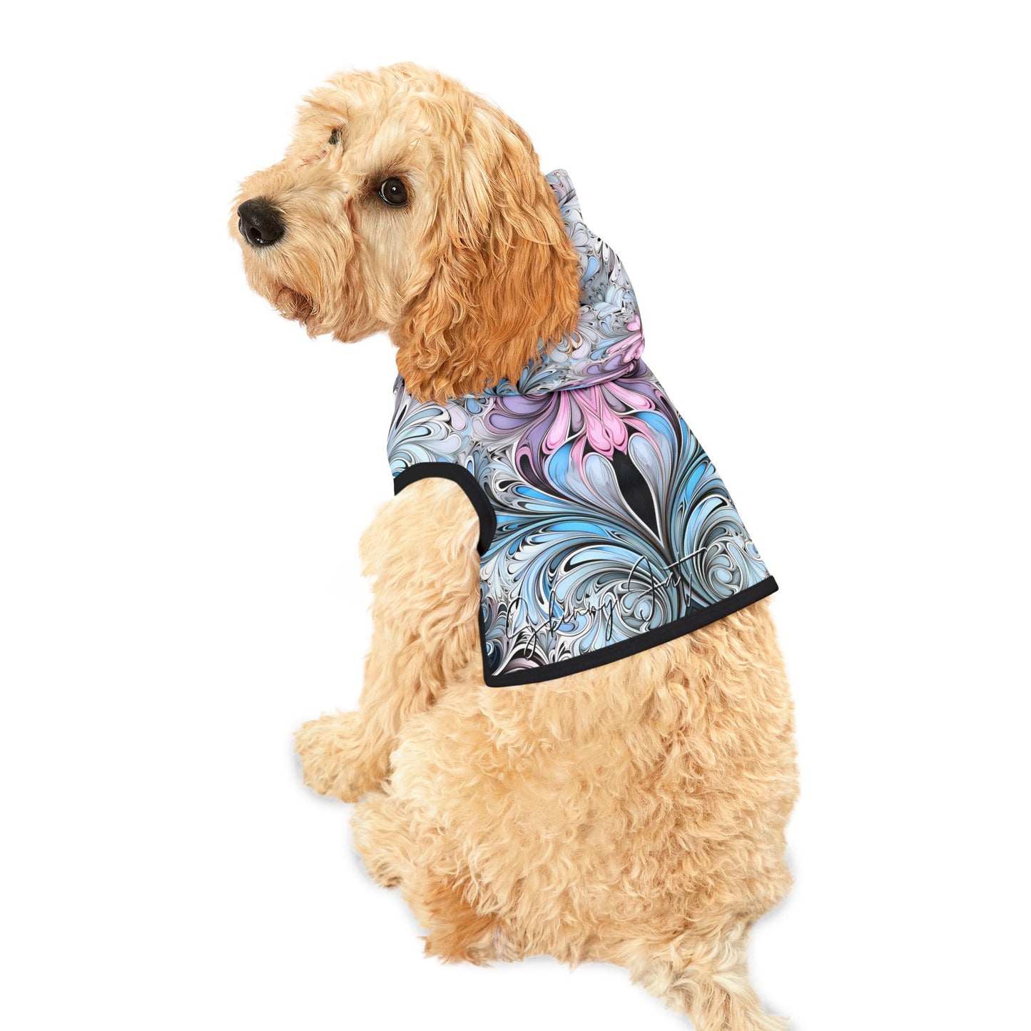 Pet hoodies printed with Ai graphics, polyester made light weight, cozy breathable pet apparel, stylish pet clothing, small pet grooming