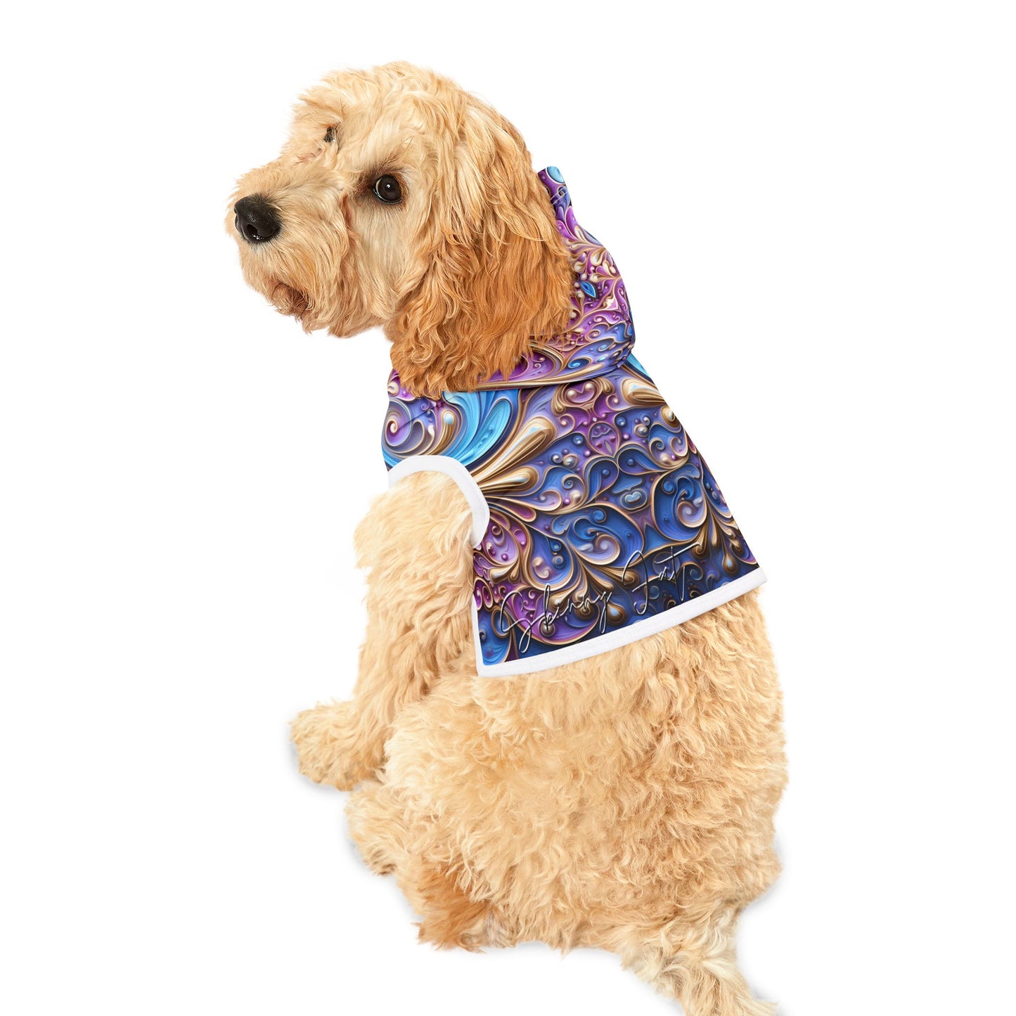 Pet hoodies printed with Ai graphics, polyester made light weight, cozy breathable pet apparel, stylish pet clothing, small pet grooming