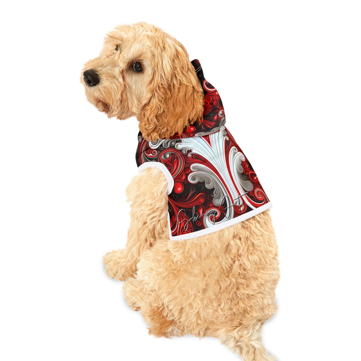 Pet hoodies printed with Ai graphics, polyester made light weight, cozy breathable pet apparel, stylish pet clothing, small pet grooming