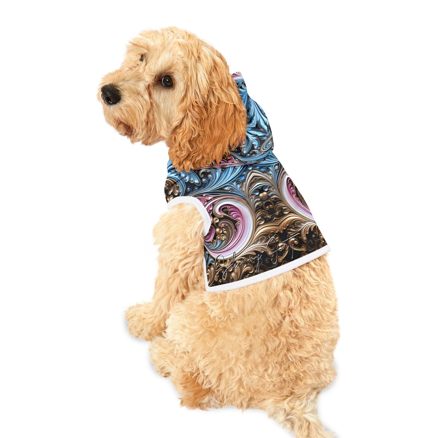 Pet hoodies printed with Ai graphics, polyester made light weight, cozy breathable pet apparel, stylish pet clothing, small pet grooming