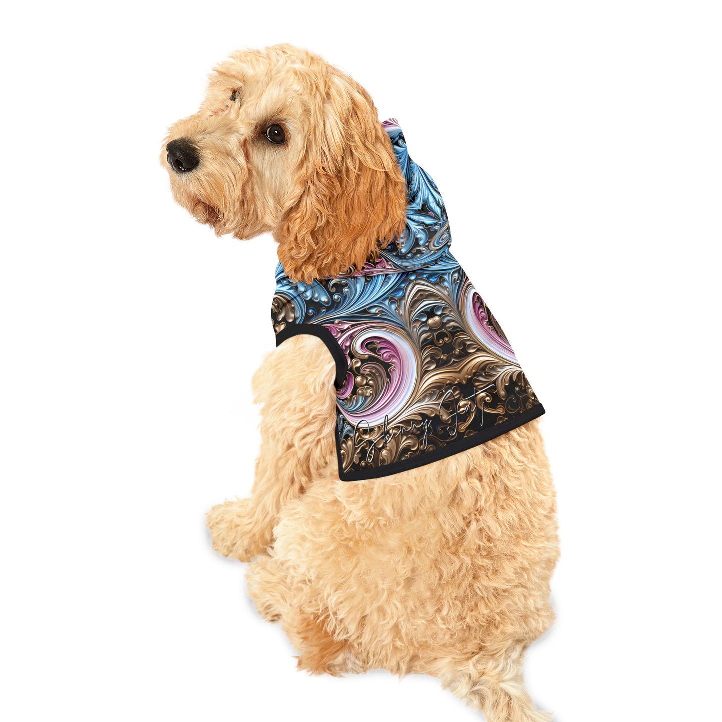 Pet hoodies printed with Ai graphics, polyester made light weight, cozy breathable pet apparel, stylish pet clothing, small pet grooming