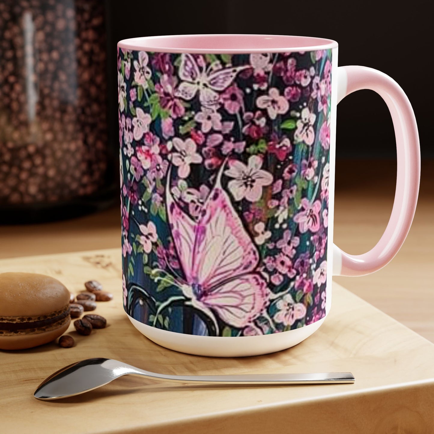 Two-Tone Coffee Mugs, 15oz, pink butterfly, skinny fat