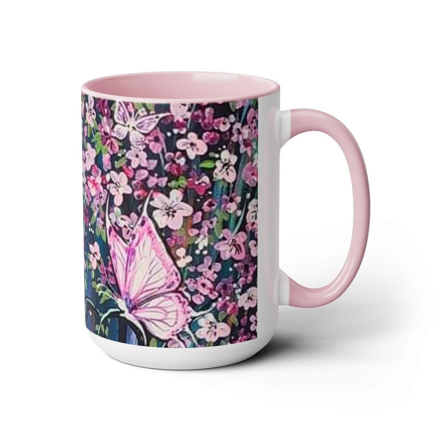 Two-Tone Coffee Mugs, 15oz, pink butterfly, skinny fat