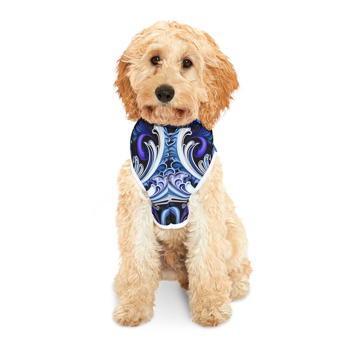 Pet hoodies printed with Ai graphics, polyester made light weight, cozy breathable pet apparel, stylish pet clothing, small pet grooming