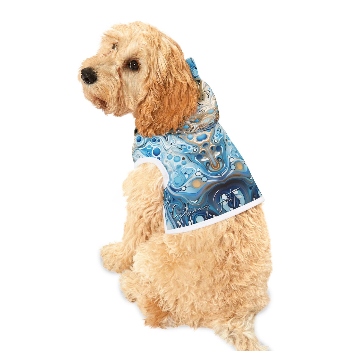 Pet hoodies printed with Ai graphics, polyester made light weight, cozy breathable pet apparel, stylish pet clothing, small pet grooming