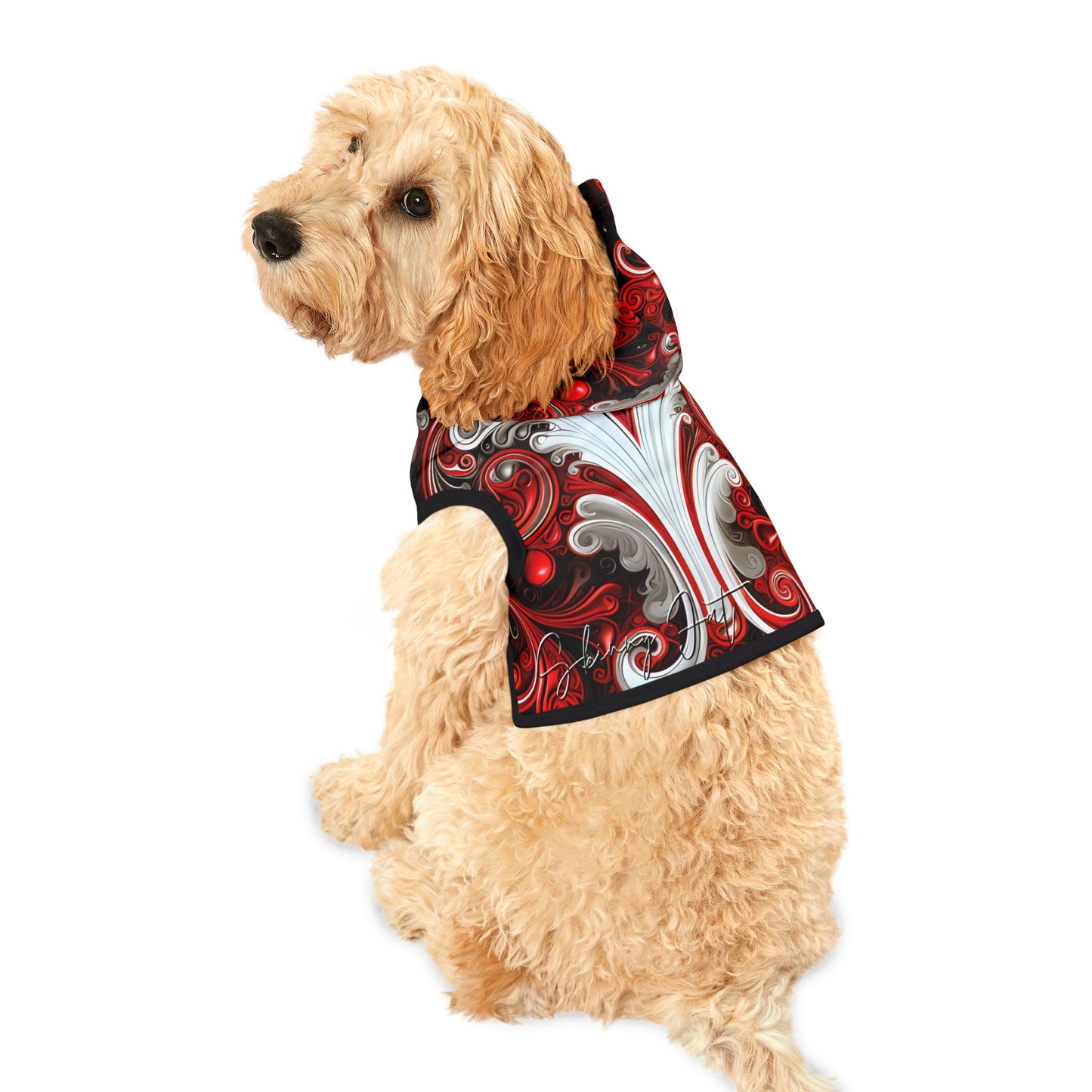 Pet hoodies printed with Ai graphics, polyester made light weight, cozy breathable pet apparel, stylish pet clothing, small pet grooming