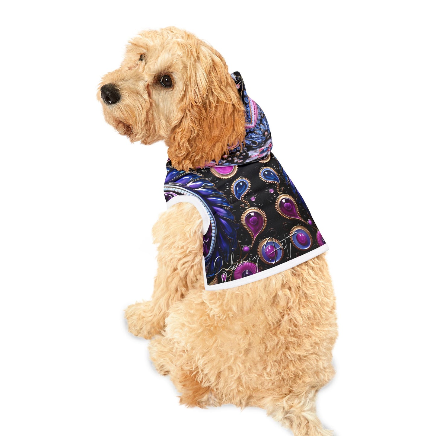 Pet hoodies printed with Ai graphics, polyester made light weight, cozy breathable pet apparel, stylish pet clothing, small pet grooming