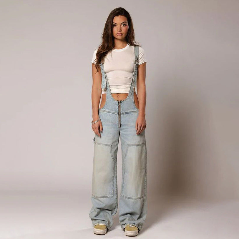 Y2K Zipper Denim Overalls with Pockets Fashion Loose Suspender Jumpsuit Streetwear Jeans Pants Womens Clothing